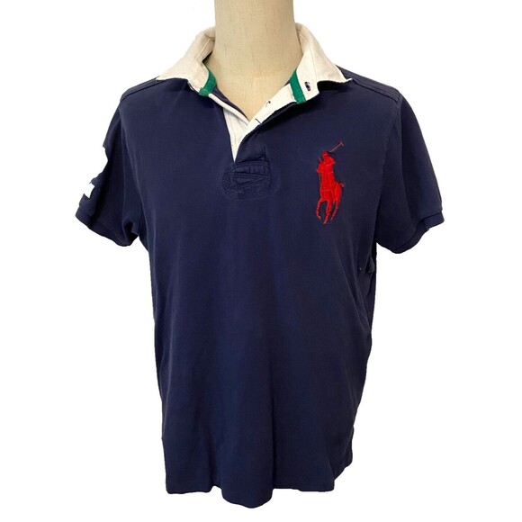 Vtg POLO RALPH LAUREN Cotton Polo Shirt Men's XL Navy BIG PONY Red Custom Fit - Picture 2 of 16
